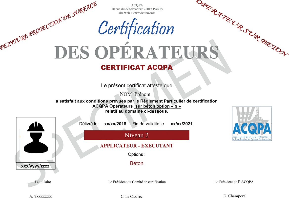 Specimen Certificat ACQPA Opérateur