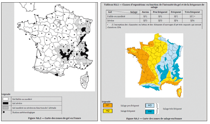 Cartes des zones de gel et salage en France (Source : NF EN 206+A2-CN).