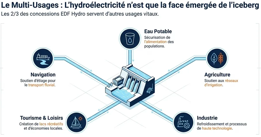 Divers usages de l'eau, hors hydroélectricité, par EDF en schéma