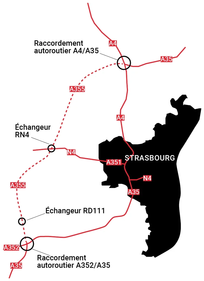 Plan de situation du réseau routier autour de Strasbourg pointant la nouvelle liaison A355.
