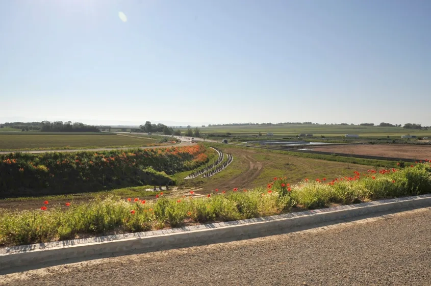 Les aménagements paysagers permettent d’intégrer la nouvelle route au paysage existant (ici une des bretelles d’accès).