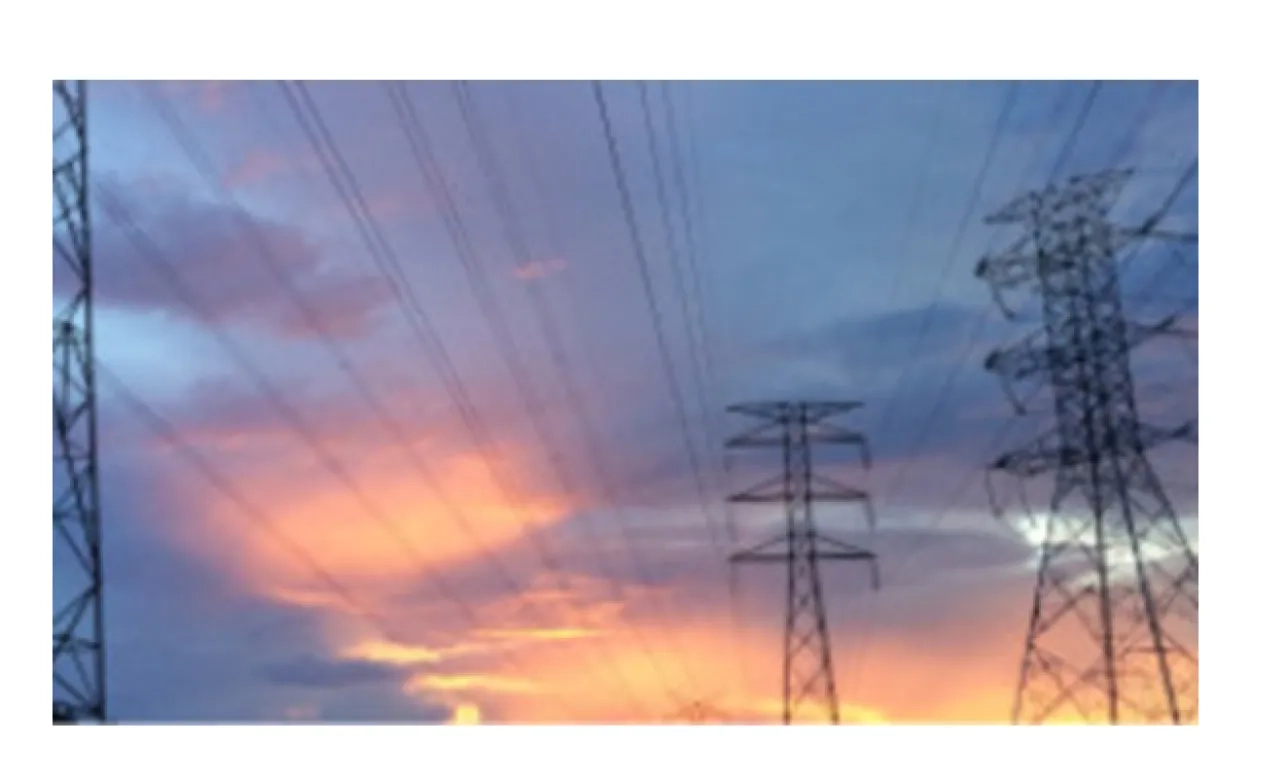Image pylônes électriques sur fond soleil couchant IA