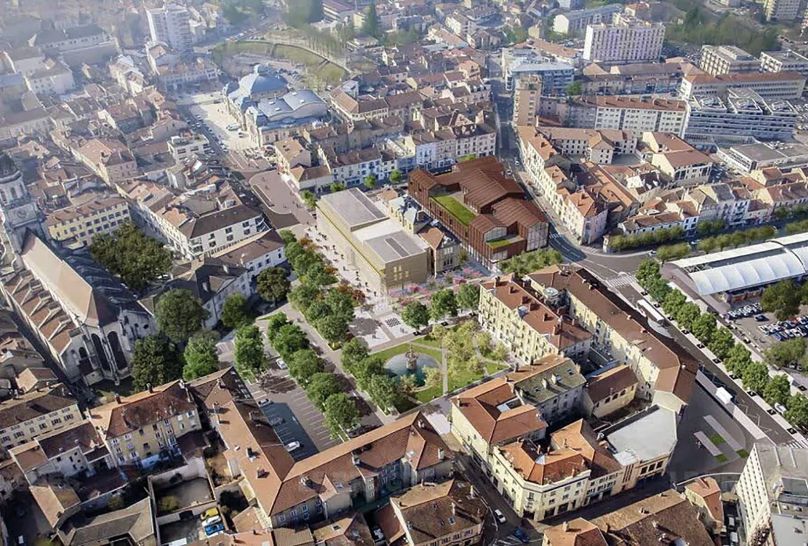 Autour de l’ancien collège Amiot, qui sera transformé en conservatoire à rayonnement départemental (CRD) de 2 200m2  (bâtiment clair au centre), l’accès au centre-ville de Bourg-en-Bresse va accueillir 4 000 m2  d'espaces commerciaux et de nombreux espaces végétalisés, mis en valeur par le béton décoratif